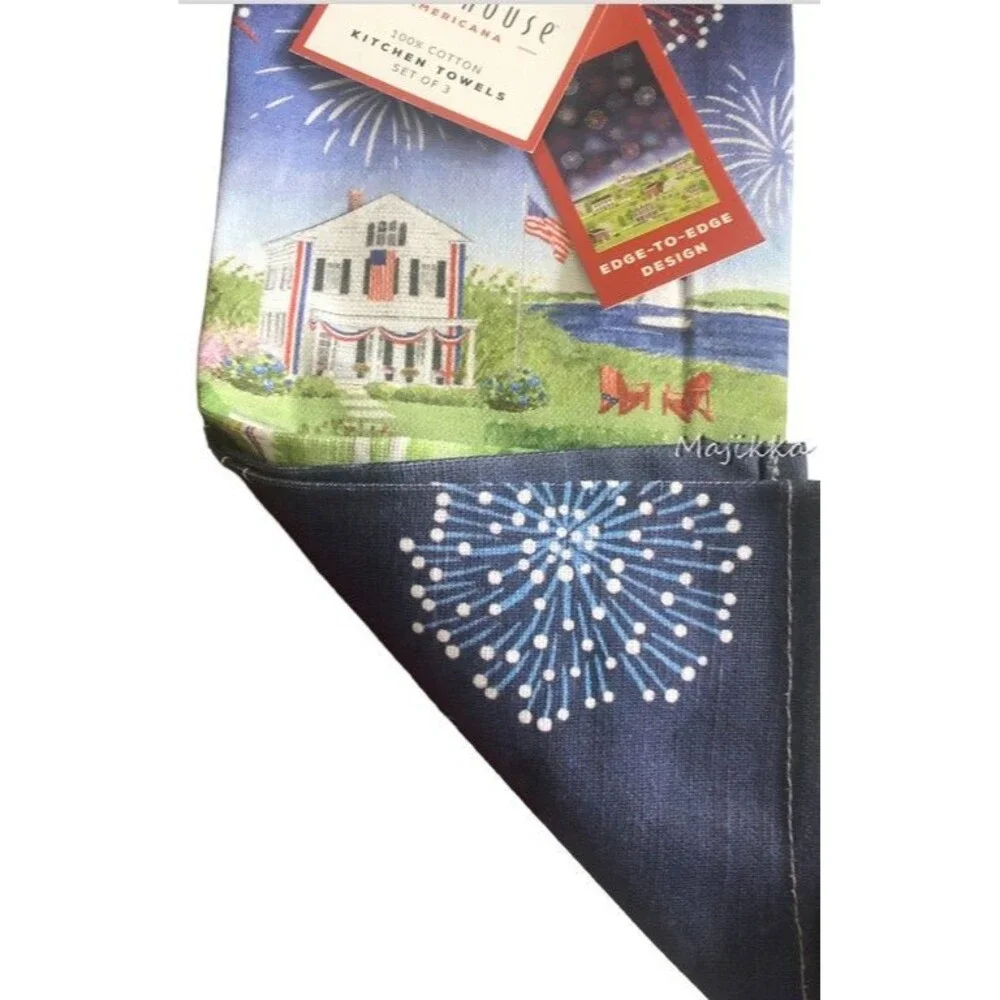 Storehouse Dish Towels Set of 3 July 4th Fireworks Red White Blue Historic Town